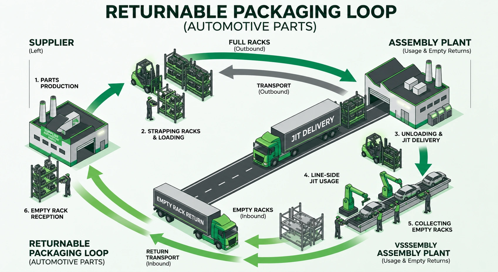 Automotive JIT returnable packaging loop diagram with strapping and corrosion control — Greenstrix