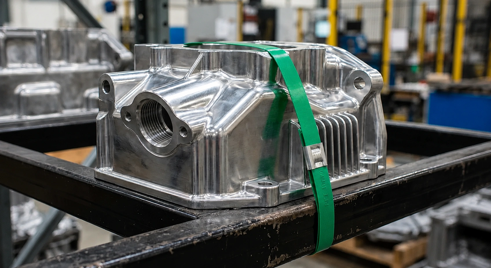 Composite cord strap securing a German steel coil with edge protection, VerpackG compliant — Greenstrix