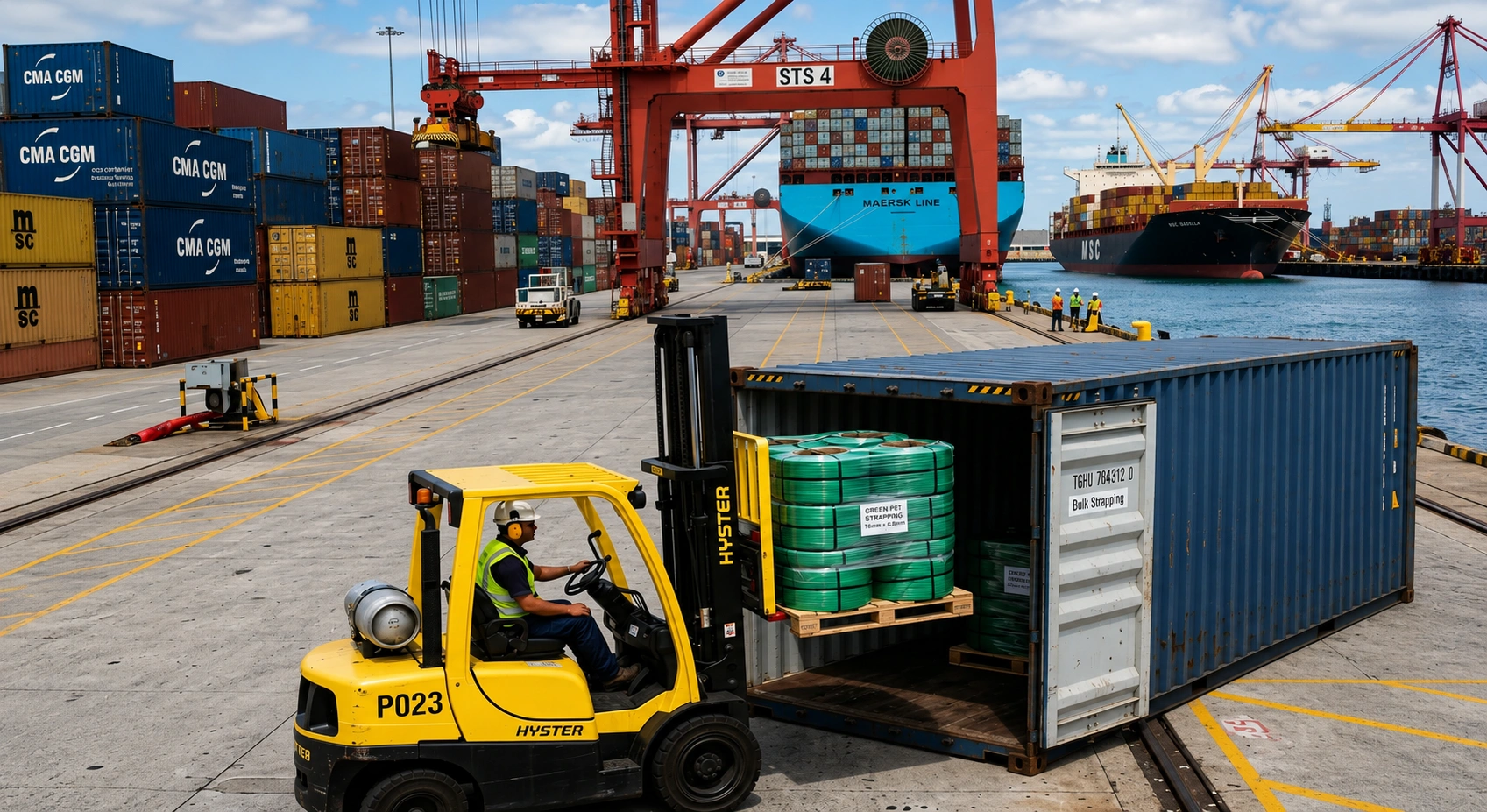 Container loading of bulk PET strapping for EU import at port — Greenstrix