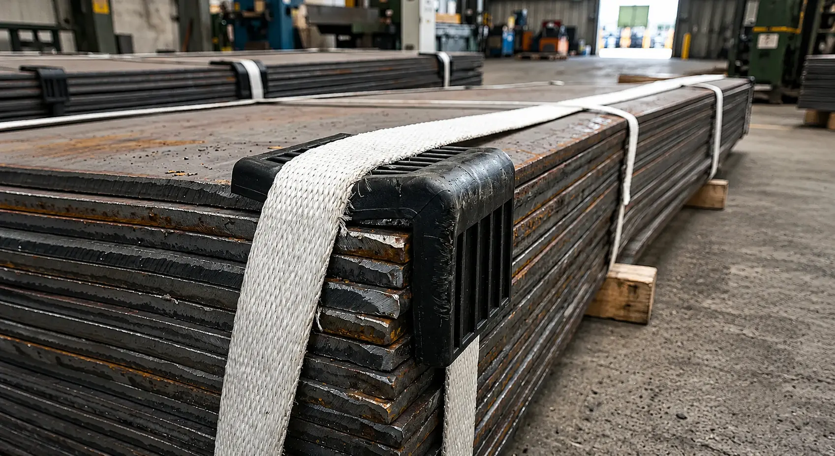 Edge protection under strap on a sawn timber bundle preventing cutting — Greenstrix