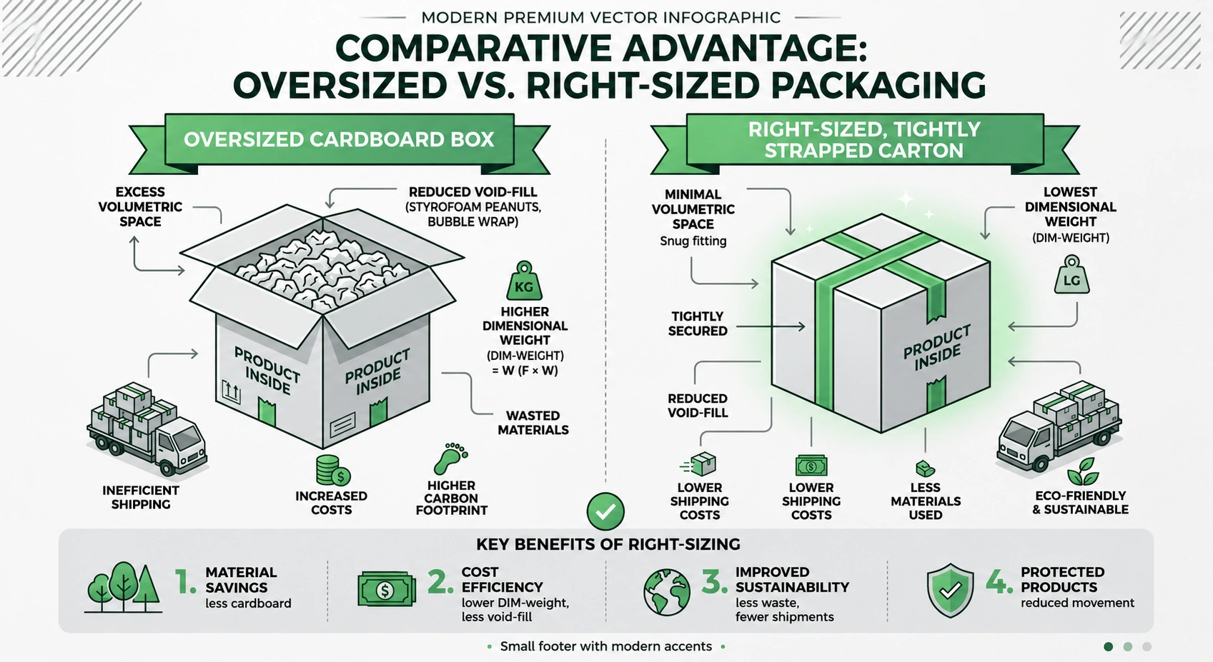 Dimensional weight vs right-sized packaging cost comparison infographic — Greenstrix
