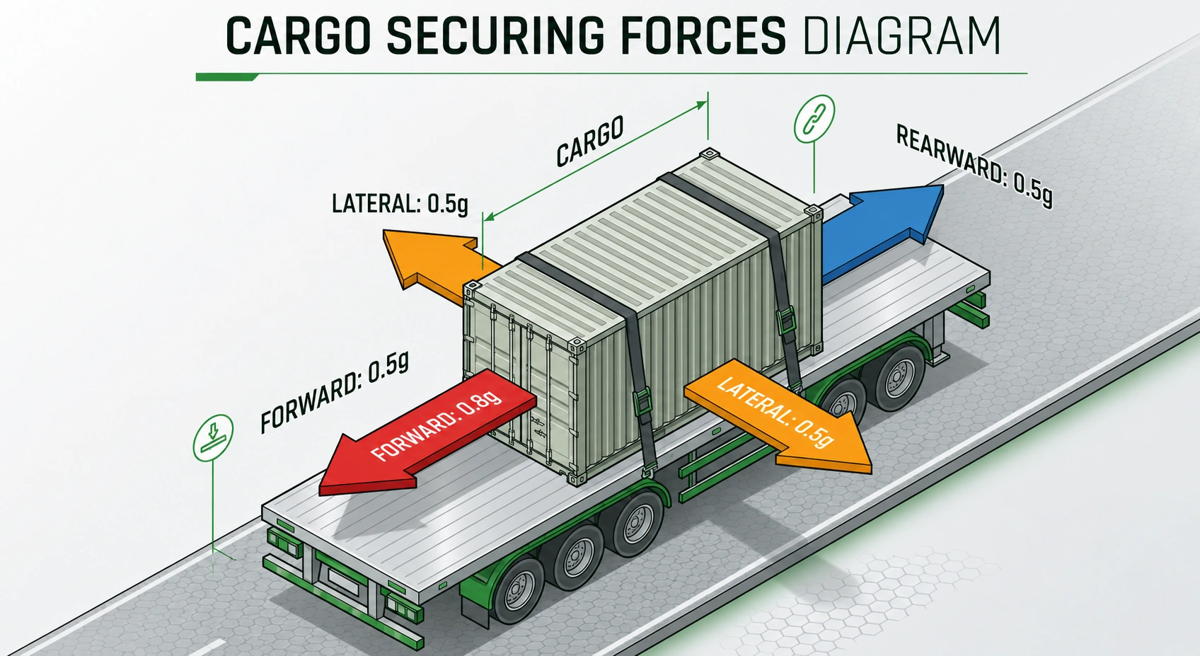 EN 12195 securing force diagram showing 0.8 g forward and 0.5 g side and rear forces — Greenstrix