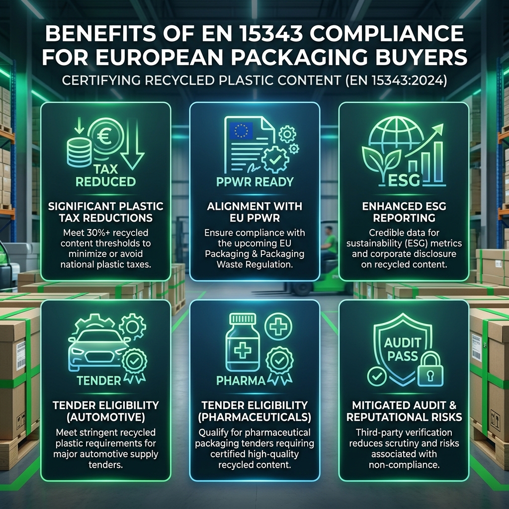 EN 15343 certification 6 buyer benefits Europe: tax savings, PPWR compliance, tender qualification, ESG reporting, CSRD data, brand reputation