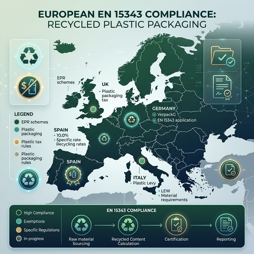 EN 15343 plastic packaging tax country comparison Spain UK Italy Germany France Portugal Europe — buyer benefits