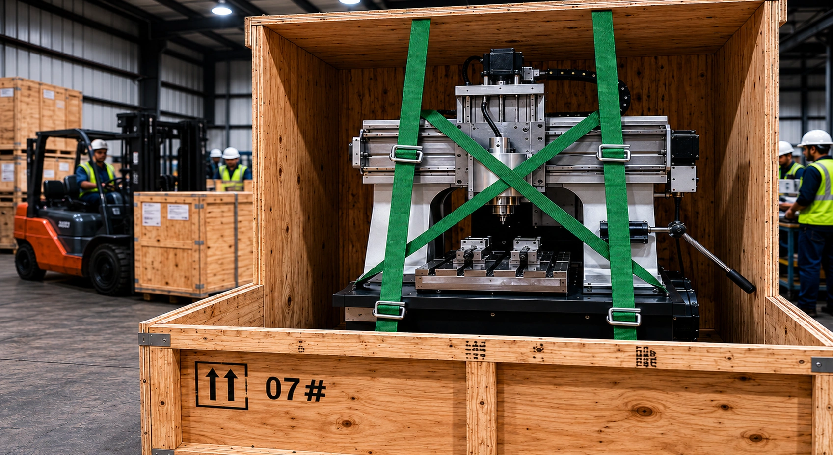Heavy wooden shipping crate secured cleanly with dynamic composite cord lashing
