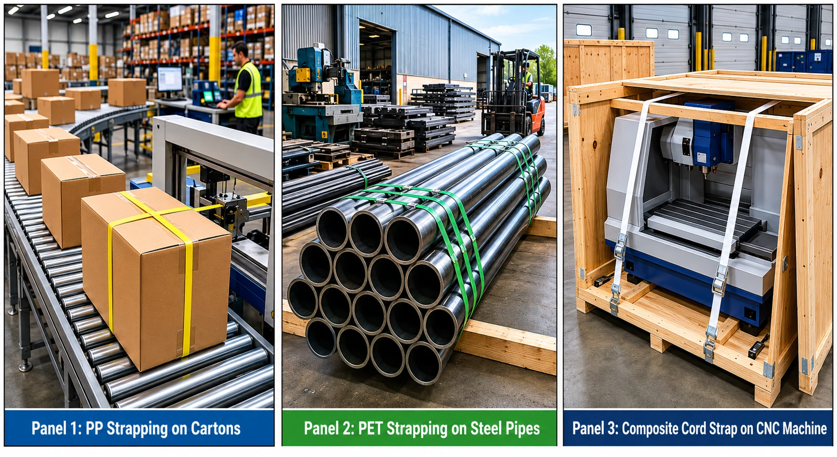 Industrial strapping panels showing real-world applications of PET, PP, and cord strap in European warehouses
