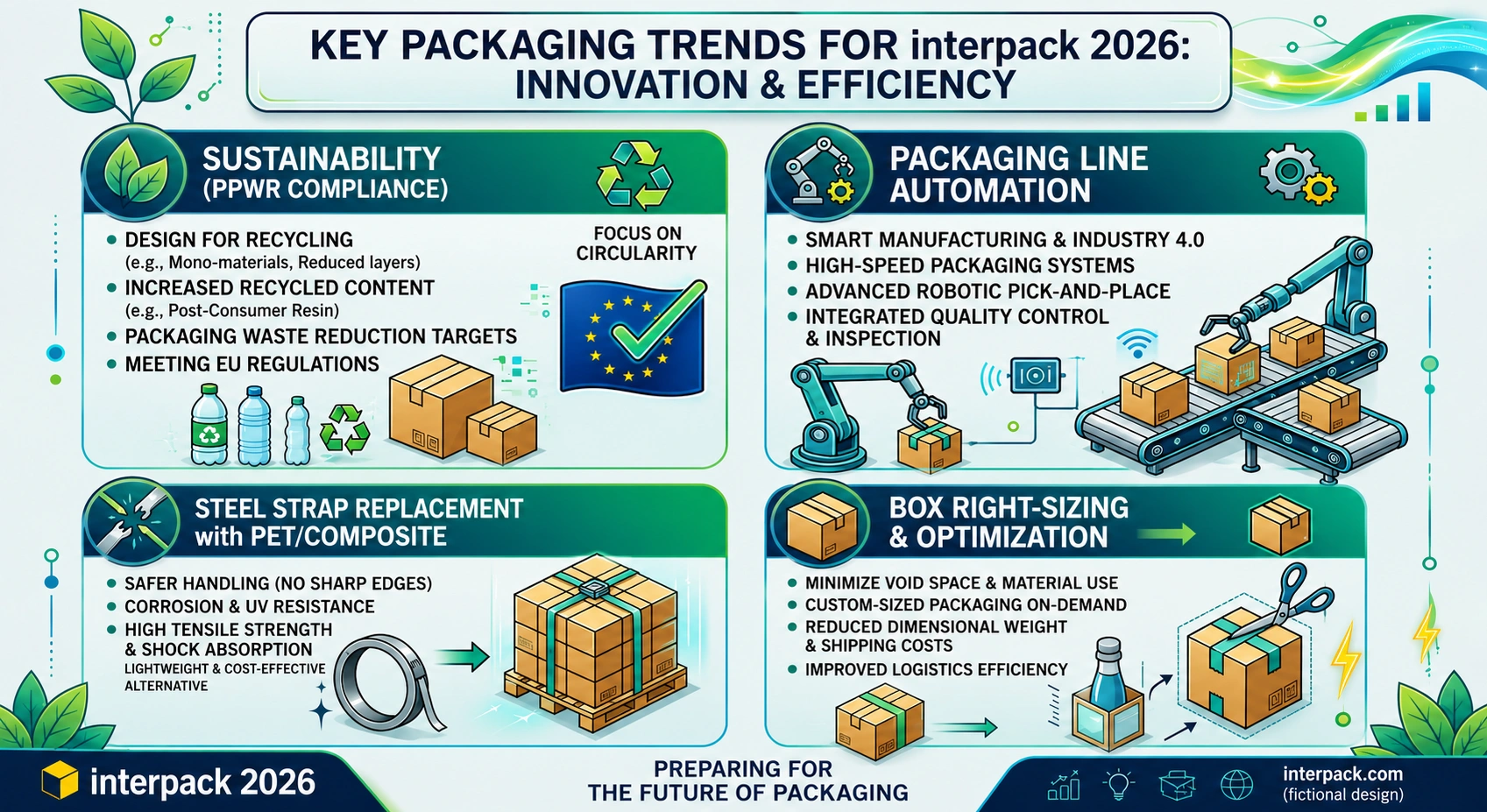 interpack 2026 key industrial packaging trends infographic: sustainability, automation, materials — Greenstrix