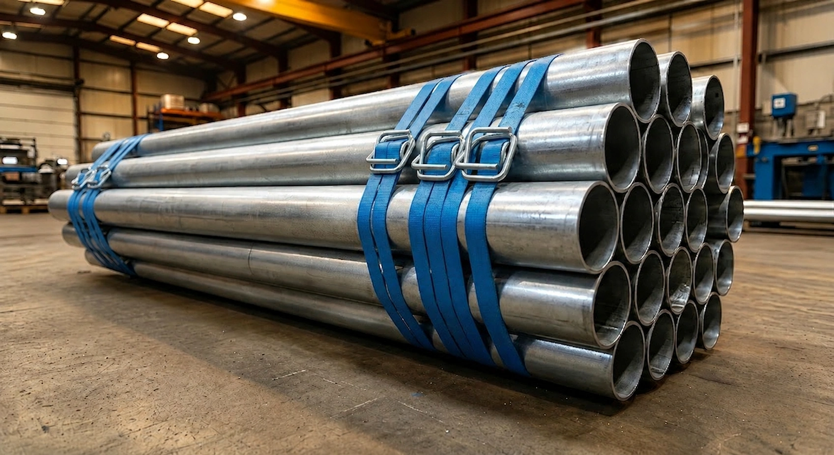 Metal pipes and steel bundles secured with PET strapping bands for European export