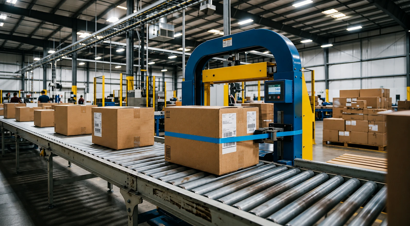 Automatic PP strapping machine in European production line packaging operation