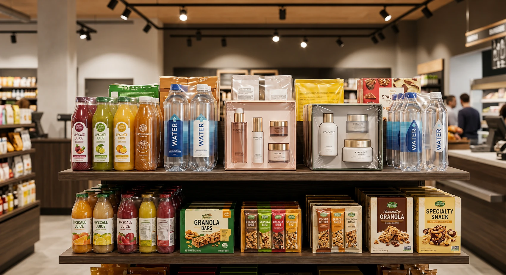 Retail shelf FMCG products wrapped in LDPE shrink film for European supermarket distribution