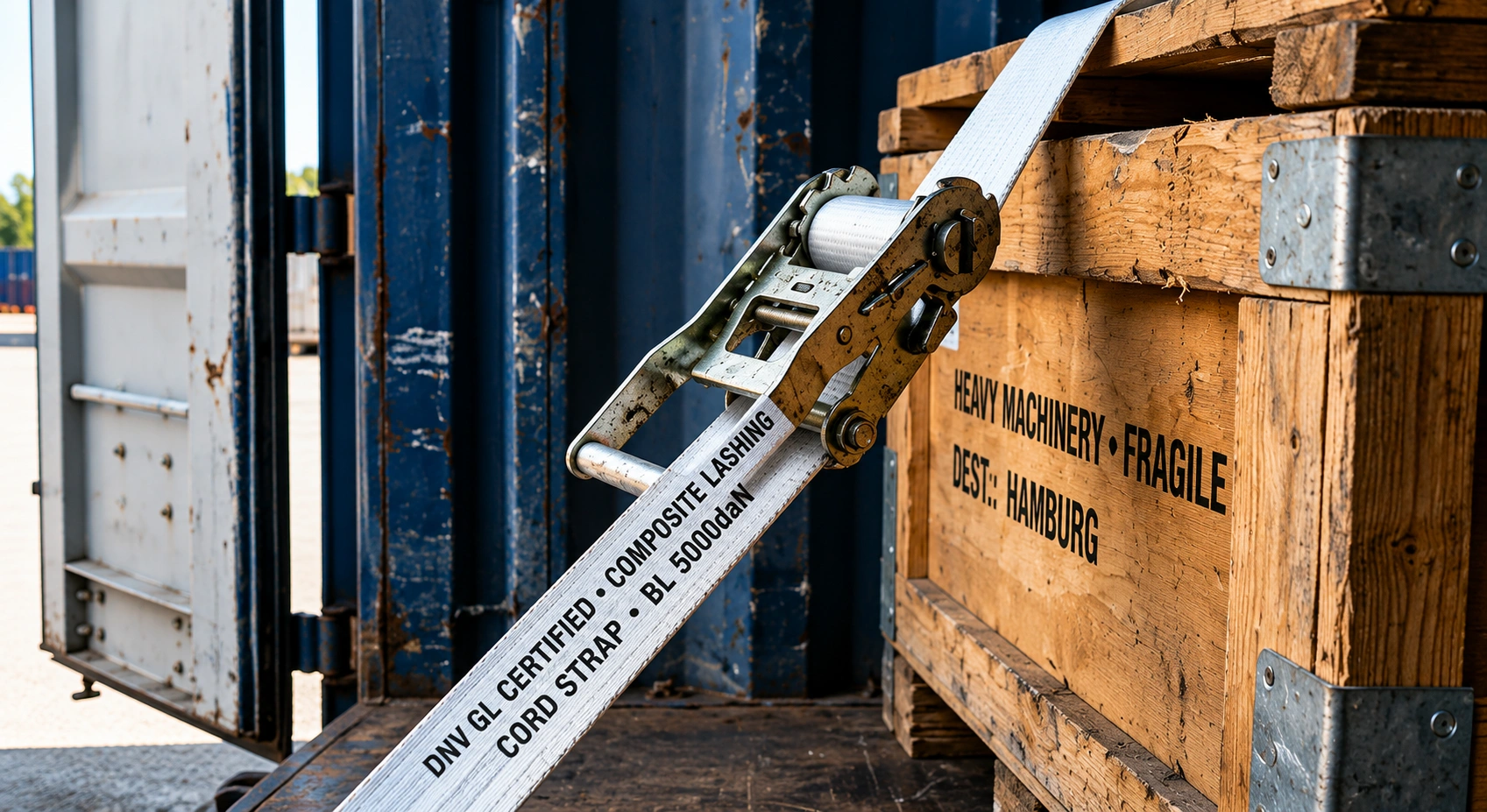 DNV GL certified composite cord strap lashing heavy cargo inside a sea container — Greenstrix