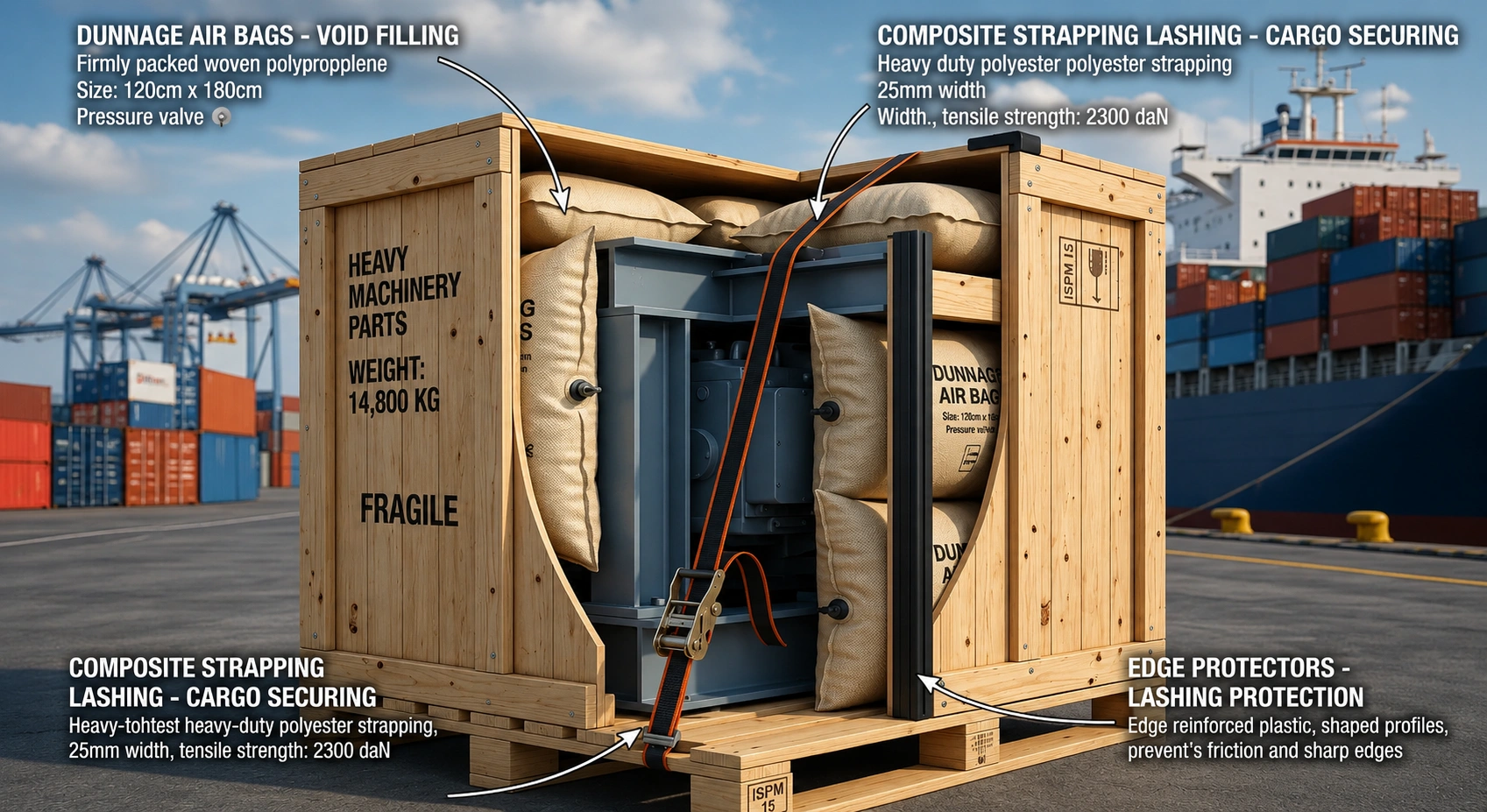 Sea freight packaging layers diagram: unitising, film, cord strap, dunnage and edge protection — Greenstrix