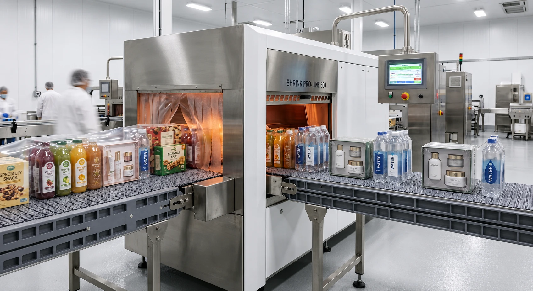 Industrial shrink wrapping machine with heat tunnel for LDPE shrink film packaging in European production line
