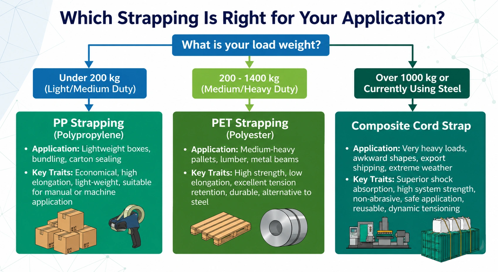 Industrial strapping application guide showing PET, PP, and cord strap use cases across European logistics