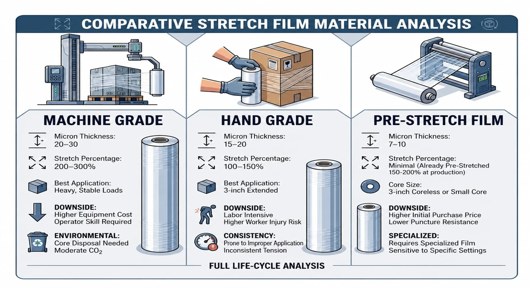 Stretch film selection chart: gauge, cast vs blown, pre-stretch, containment — Greenstrix