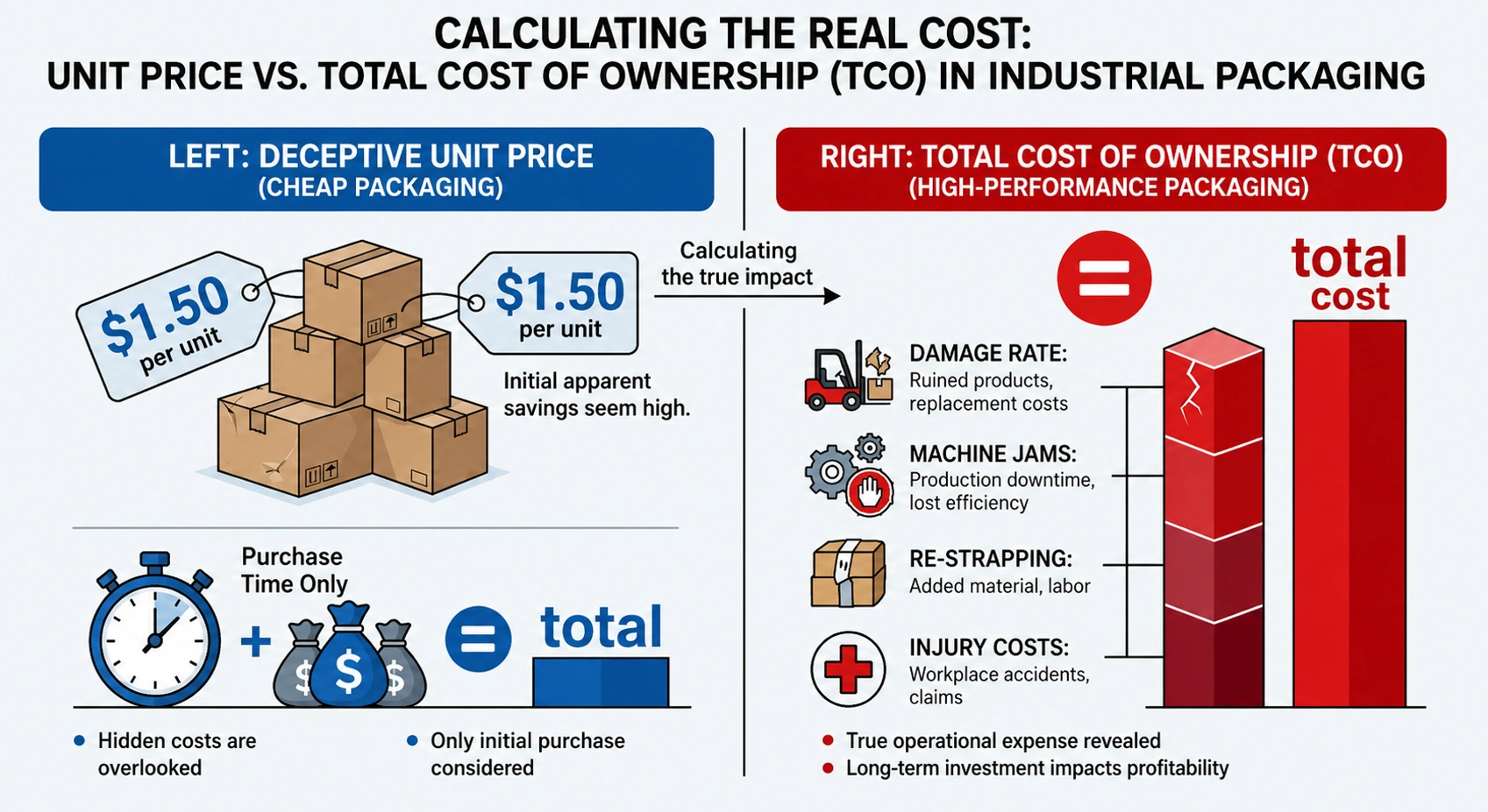 Total Cost of Ownership (TCO) breakdown for industrial packaging materials in Europe