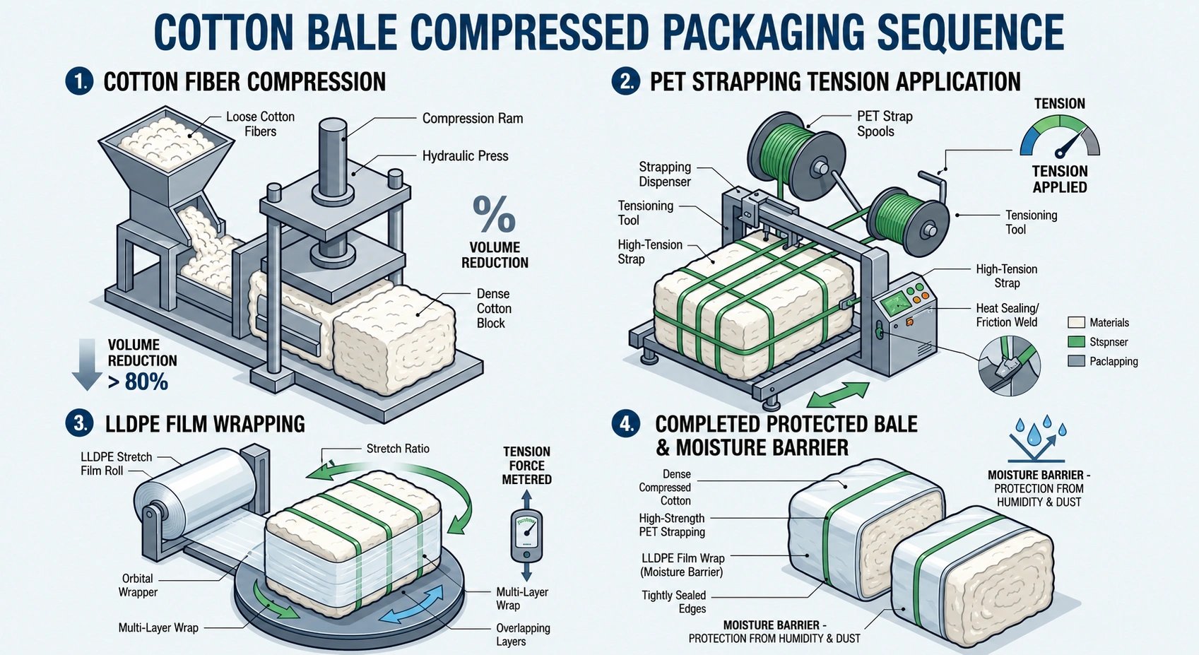 Textile bale packaging diagram: compression, PET strapping tension, film moisture barrier — Greenstrix