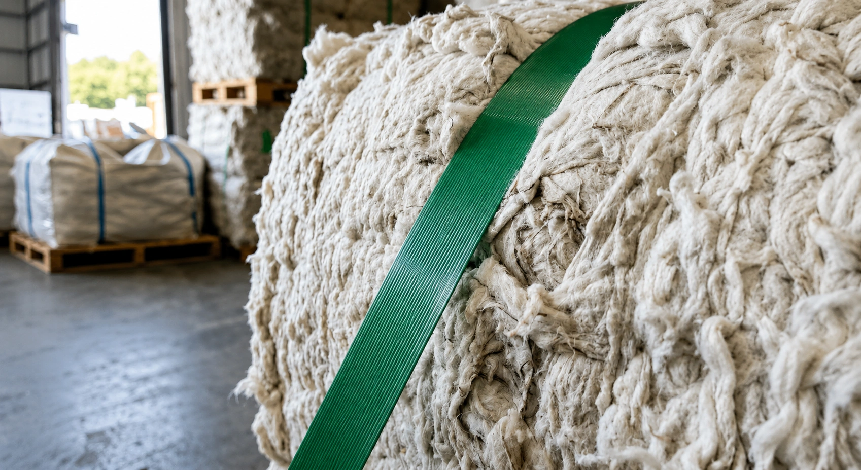 PET strapping retaining tension on a compressed textile bale without rust contamination — Greenstrix